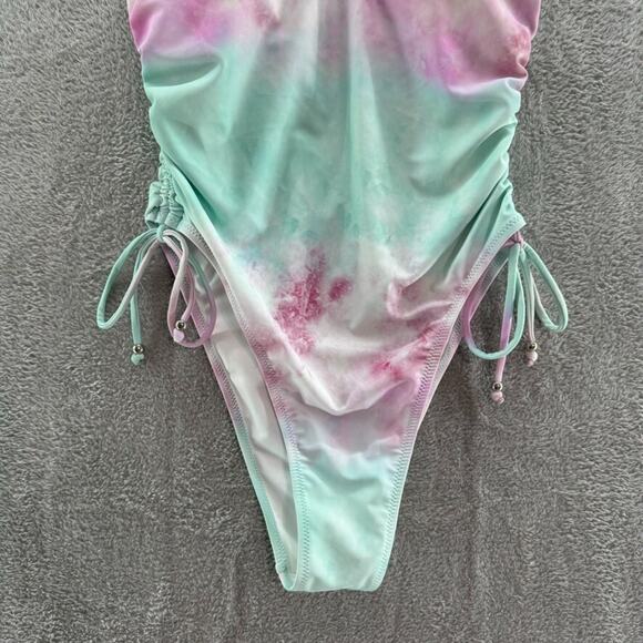 CupShe Swimsuit Women L Green Pink Tie-Dye One Piece Scoop Padded Rushed Tie - Picture 4 of 16